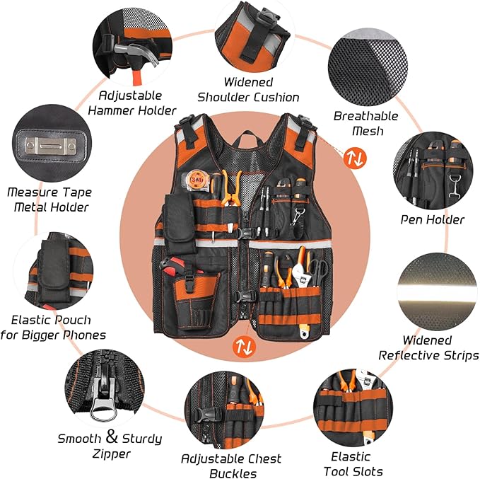Electrician Tool Vest for Men, Reflective Safety Work Vest with Adjustable Thick Straps, Removable Phone Holder for Electrical, Carpenters, Construction, 22 Pockets