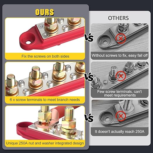 MOFEEZ Power Distribution Block Bus Bar 4 × 3/8" Posts 6 × #8 Screws with Hammer Lug Crimping Tool, Marine Bus Bar 48V 250A for Automotive, Car, Boat, Solar Wiring
