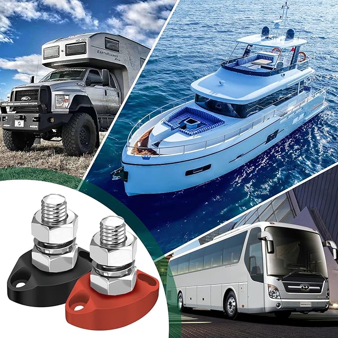 LENKRAD 2Pcs 250A Power Distribution Block M10 Single Stud Bus Bar 12 Volt DC Battery Junction Posts 304 Stainless Steel Insulated Stud Terminal Marine Bus Bar - Positive&Negativ (Red and Black)