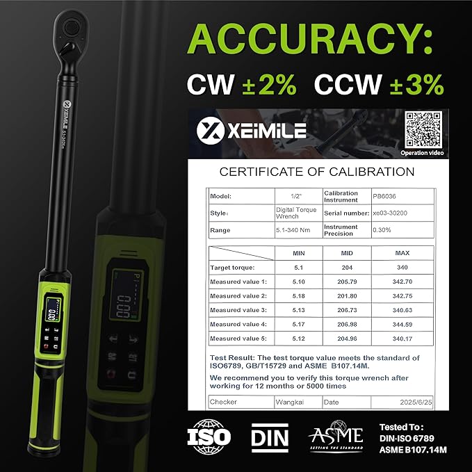 Digital Torque Wrench 1/2"Drive-3.8-250.8Ft.Lb/5.1-340N.m,Electric Torque Wrench With Vibration Buzzer LED Indicator,±2% Accuracy Five Units for Bike Motorcycle Car Auto Repair,DIY,Green Black