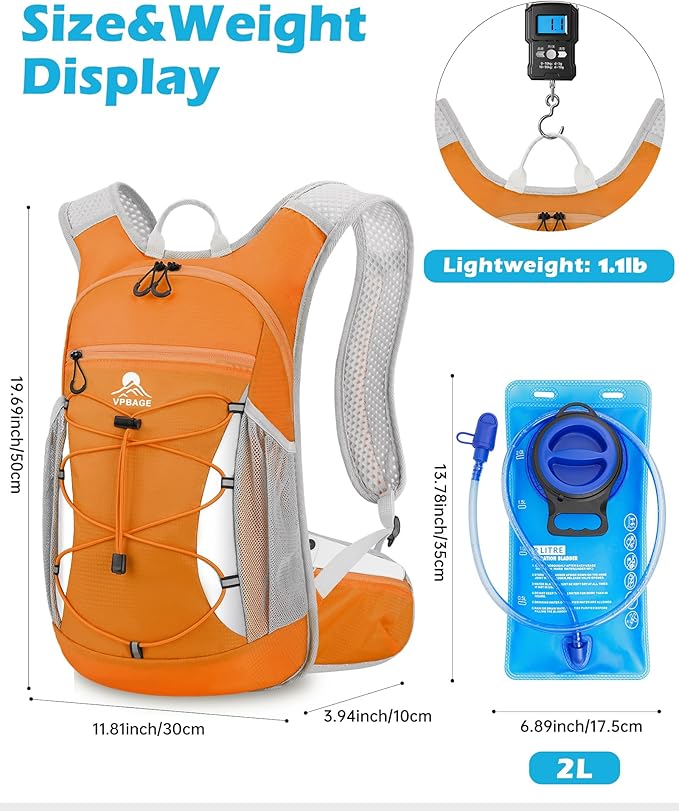 Hydration Backpack with 2L Water Bladder - Lightweight 15L Daypack with Phone-Sized Hip Belt Pockets, Anti-Chafe Cotton Edging & No-Bounce Straps - Small Water Backpack for Hiking, Running, Skiing