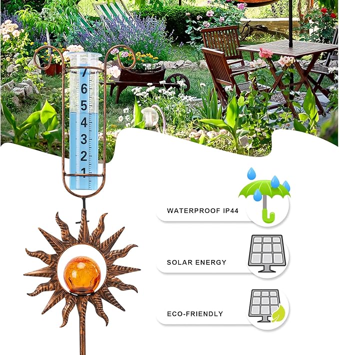 MUMTOP Rain Gauge Outdoor, 34 Inch Large Number Solar Lights Sun Water Gauge for Lawn, Yard and Garden