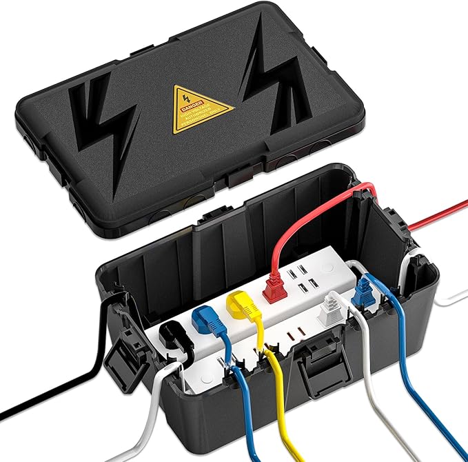 iwillink Large Outdoor Electrical Box (12.6 x 8.6 x 5.1 inch), IP54 Waterproof Extension Cord Cover, Weatherproof with 8 Cable Seal Entry, Power Strip, Timer Outlet Plug, Holiday Light, Black