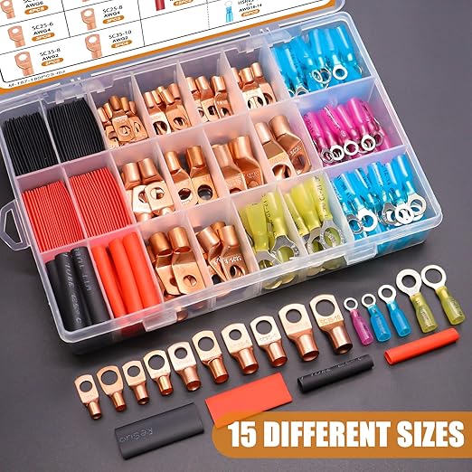 mankk 180PCS Copper Wire Lugs AWG 2 4 6 8 10 12 14 16 Gauge Battery Terminal Connectors Battery Cable Ends Connectors Copper Ring Terminal Kit with Heat Shrink