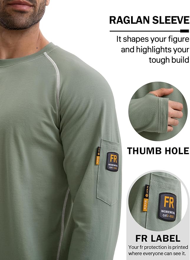 WORKWEYA FR Shirts for Men 6OZ Light Weight Welding Shirts Thumb Hole Stretch Breathable NFPA2112 CAT2 for Summer