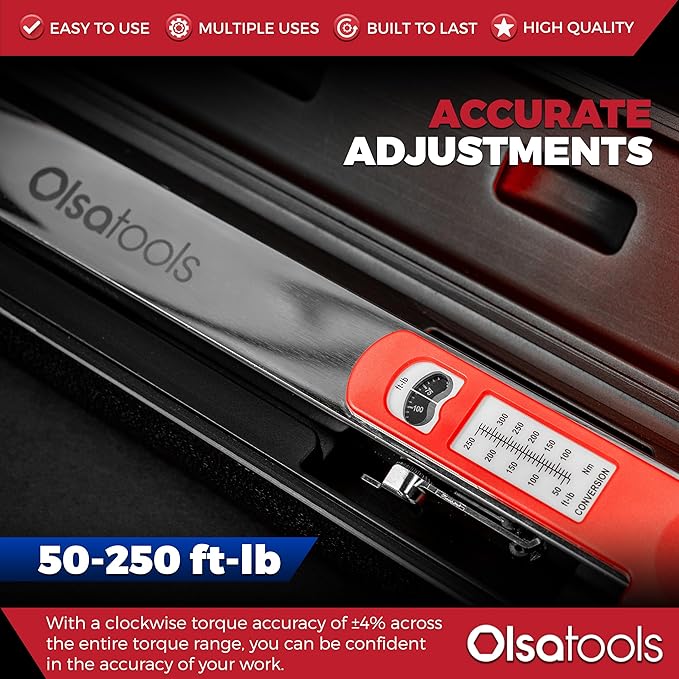 Olsa Tools Split Beam Torque Wrench (1/2-Inch Drive) - ±4% Accuracy, 72 Teeth - 50-250 ft-lb Range - 15° Flex Head - Professionally Certified - Professional-Grade Torque Wrench
