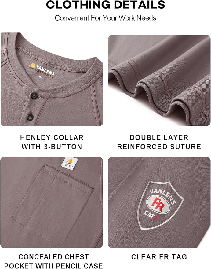 FR Shirts for Men Light Weight Flame Resistant Henley Shirts Long Sleeve Shirts HRC2/CAT2 6.5oz 100% Cotton