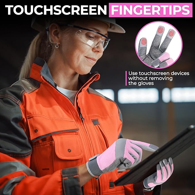 HANDLANDY Work Gloves for Women, Breathable Leather Gardening Glove for Yard Maintenance, Hand Protection with Touch Screen