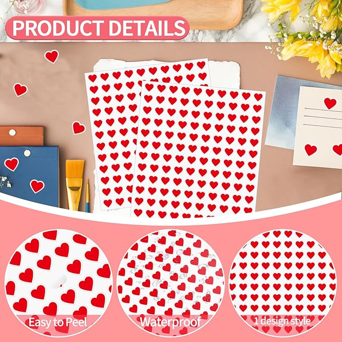 2400 Pcs Small Sticker for Kids,Heart Paper Decals,Self-Adhesive Stickers for Envelopes Scrapbook Gifts DIY Supplies,0.5in（Heart）