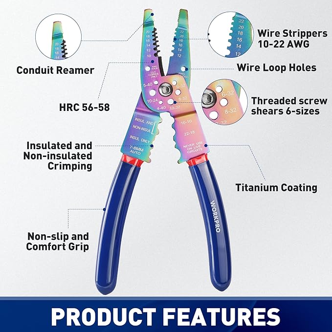 WORKPRO 8" Wire Stripper/Wire Crimping Tool, Wire Stripper Tools for 10-22 AWG,Wire Cutter, Wire Crimper, Cable Stripper, Wiring Tools and Multi-Function Hand Tool with Titanium Coated