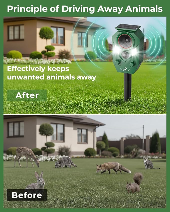 Solar Deer Repellent Devices Outdoor - Ultrasonic Animal Repellent with Motion Sensor & Strobe Light, Waterproof Animals Deterrent for Yard Garden Farm to Repel Cats, Coyote, Squirrels
