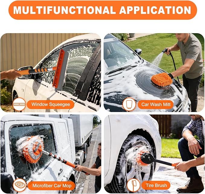 16FT Car Wash Brush with Long Handle, Car Cleaning Brush Kit with Soft Bristle Brush, Window Squeegee, Microfiber Mop, Wheel Brush, Mitt for Cleaning Truck, RV, Boat, Solar Panels
