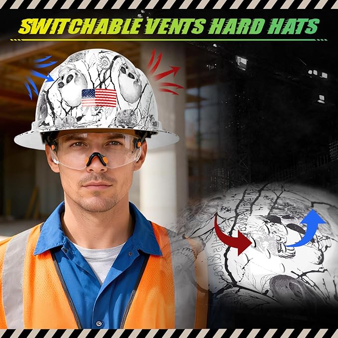 Carbon Fiber Pattern Full Brim Hard Hat with Visor-OSHA Approved Construction Safety Helmet for Men Women,ANSI Z89.1 Vented Reflective Hardhat with Hard Hat Chin Strap,6-Point Suspension