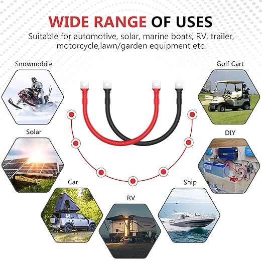 VOLTWORKS 2 AWG Gauge Red + Black Pure Copper Battery Inverter Cables Solar, RV, Car, Boat 1ft 3/8 in Lugs