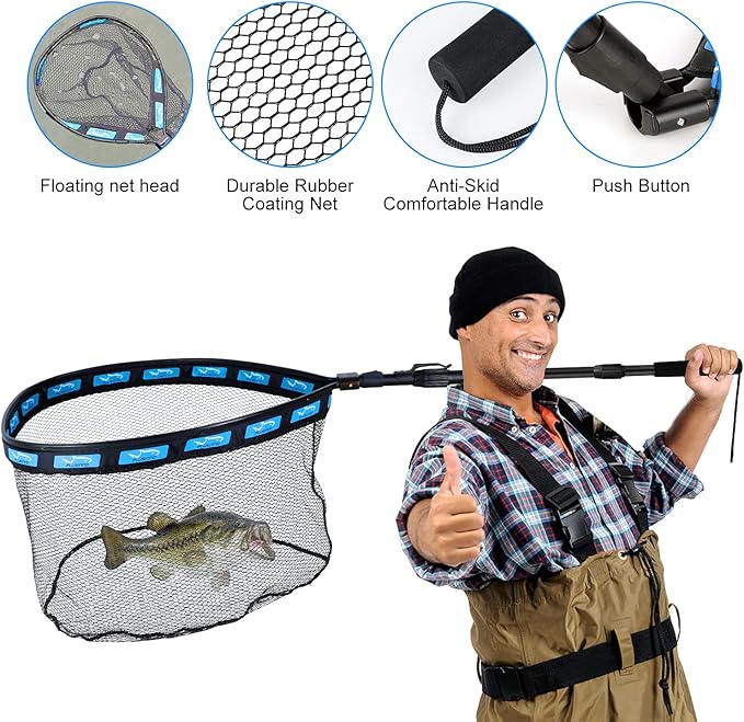 PLUSINNO Fishing Net Fish Floating Landing Net, Kayak Nets with Fixed Foldable Telescopic Pole Handle, Bass Trout Fishing Nets with Nylon Mesh for Pond Lake River, Fishing Gear Gifts for Men Anglers