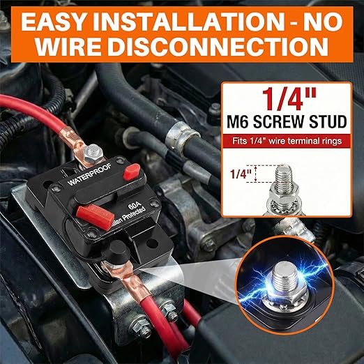 60Amp Circuit Breaker for Boat Trolling Motor Marine, 12V-48V DC Breaker with Manual Reset Waterproof Inline Fuse for ATV/RV/Trailer/Automotive/Car/Solar System/Electronic Battery Disconnect
