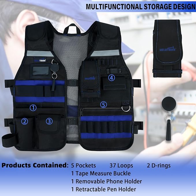 MELOTOUGH Tool Vest Safety Work Vest with Adjustable Straps,Removable Phone Holder for Electrician,Construction,Carpenters