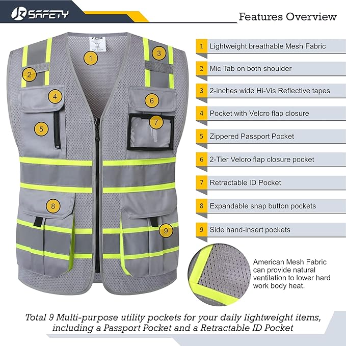 JKSafety 9 Pockets Hi-Vis Mesh Safety Vest for men and women | Chaleco reflectante de seguridad | Zipper Front | Multiple Pockets | Class 1 (140-Grey M)
