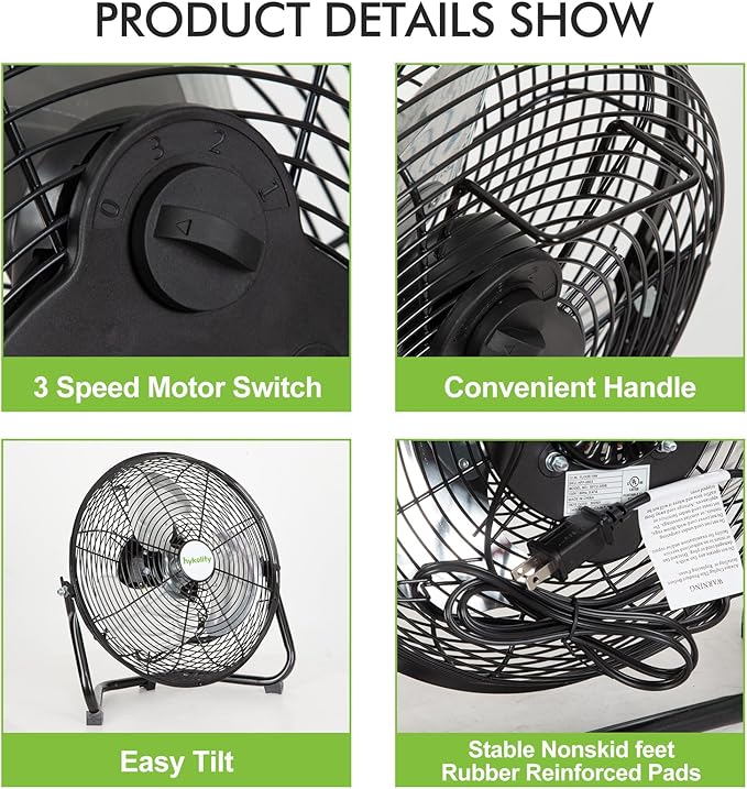 hykolity 1680 CFM 12" High Velocity Floor Fan, 3-Speed Powerful Airflow Fan with 180-Degree Tilt, Heavy Duty Metal Fan for Home, Bedroom, Residential Use