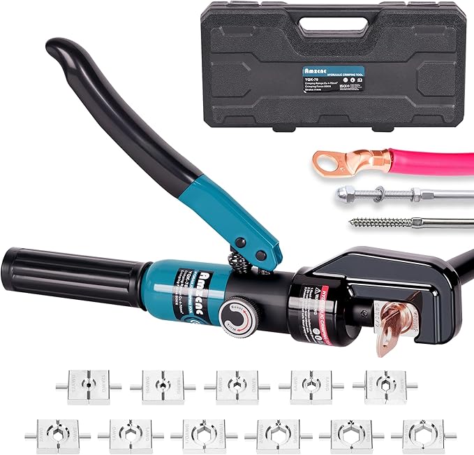 AMZCNC Hydraulic Crimping Tool, Battery Cable Crimper 12AWG–4/0AWG, 11 US Hex Dies, 10-Ton Hydraulic Crimper for Electrical Lugs, Copper & Aluminum Cable with Carrying Case (YQK-0000)