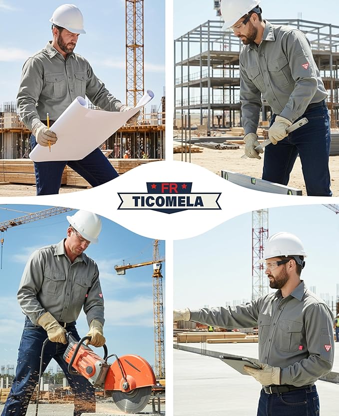 TICOMELA Men’s Mid-Weight FR Welding Shirt, 7.5oz 100% Cotton NFPA 2112 CAT2 – Flame-Resistant Button-Down Work Shirt