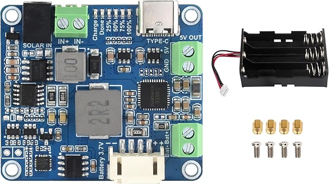 Solar Power Manager Module, Solar Charge Controller USB, Supports 6V~24V Solar Panel and Type-C Power Adapter, 5V/3A Regulated Output, with Battery Holder (Not Includes Batteries)