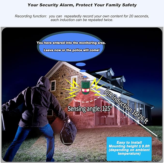 Solar Outdoor Motion Sensor Alarm, 130 dB Siren Sound Alert & 6 LEDs Flash Warning Strobe Motion Activated Alarm for Farm Yard, 4 Pack
