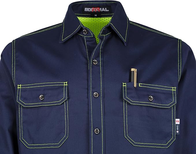 BOCOMAL FR Shirt for Summer Lightweight Vented Mesh Back and Underarm Breathable Flame Resistant Welding Button Down Shirts