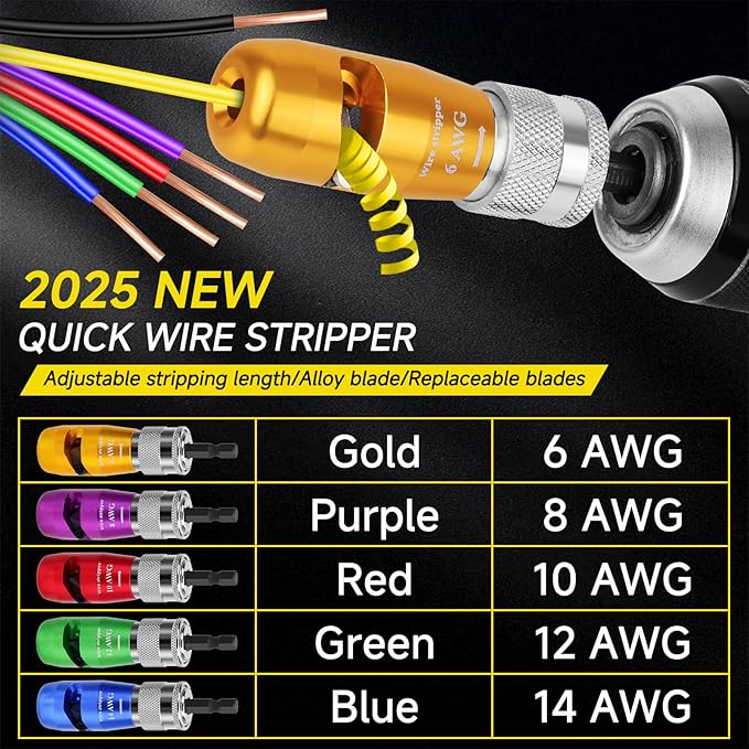 Makerfire Wire Stripper for Drill (US Regulations 14-12-10-8-6 AWG), Wire Twister tool for Drill, Drill Wire Stripper and Twister kit, Professional Electrician Tools Set(15pcs)