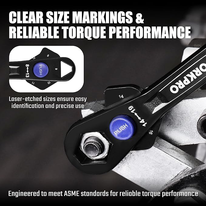 WORKPRO 12-in-1 Universal Wrench, Metric 8-19mm Adjustable Wrench with Heat-Treated Cr-Mo Steel, ASME Standard, Multi-Position Head, Multi-Size Compact Spanner for Mechanics, Cars, and Motorcycles
