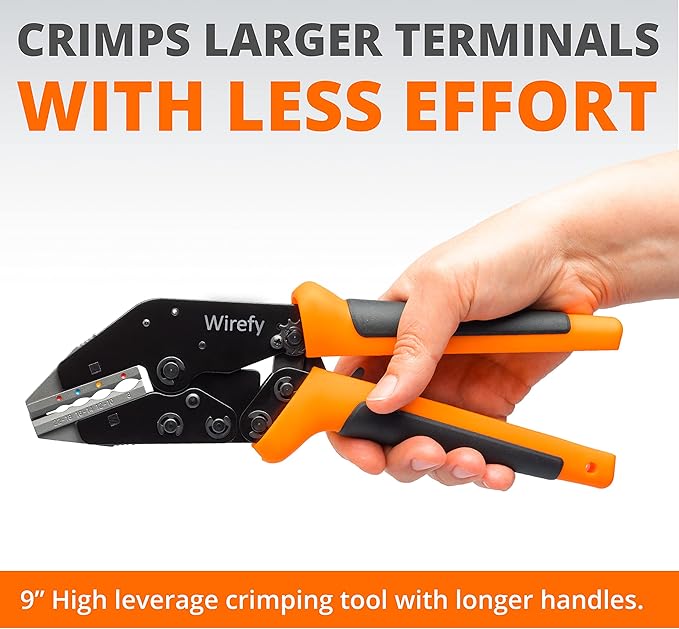 Wirefy Wire Crimping Tool Kit | Crimpers & 9 Slide in Dies | Ratcheting Wire Crimper Tool | Terminal Crimp Pliers | for Heat Shrink, Insulated, Non-Insulated, Butt, Large, Flag, Nylon, Connectors