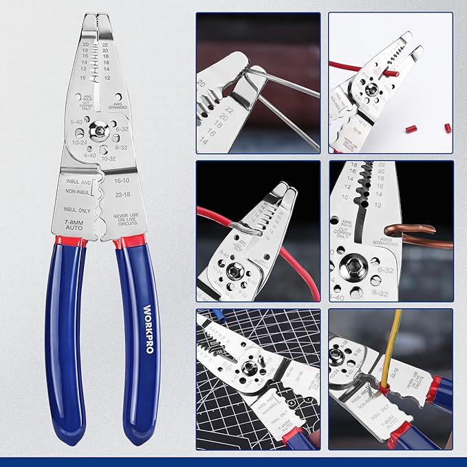 WORKPRO Wire Strippers Cutter, 8-inch Long Nose Wire Stripping Tool, Stainless Steel Wire Crimping Tools & Pliers, Multi-Function Hand Tool, Cuts 10-22 AWG