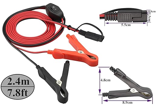 SAE Extension Cable 16 AWG Wire Harness SAE to Battery Alligator Crocodile Clip12V DC Extension Cord with Switch Quick Connect/Disconnect Snap Action Cable(2.4m/7.8ft-Fuseless Box)