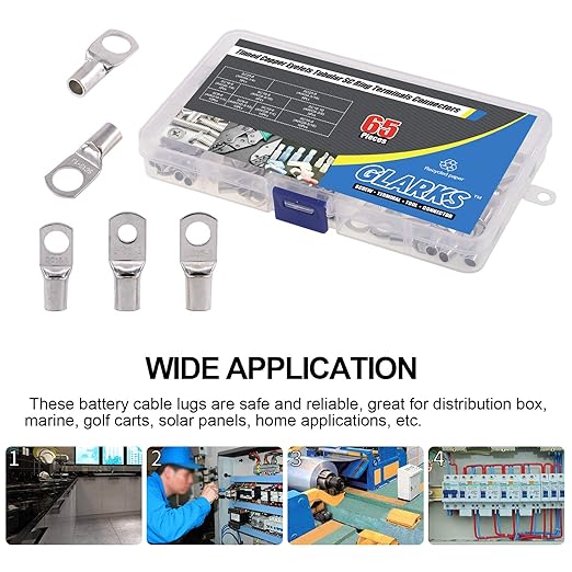 Glarks 65Pcs Assorted Heavy Duty Wire Lugs Battery Cable Tinned Copper Eyelets Tubular SC Ring Terminals Connectors with Spy Hole Assortment Kit