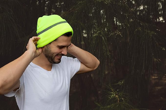 JORESTECH Safety Beanie Unisex Knit Cap Black with Reflective Stripe or Reflective Stitching High Visibility