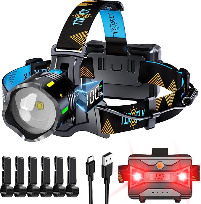 12 Modes 210000 Lux Headlamp Motion Sensor Red Warning Zoomable Energy Saving, More Than 30Dys Standby Head Lamp, IP65 Waterproof and 125° Angle for Camping Outdoor Hardhat