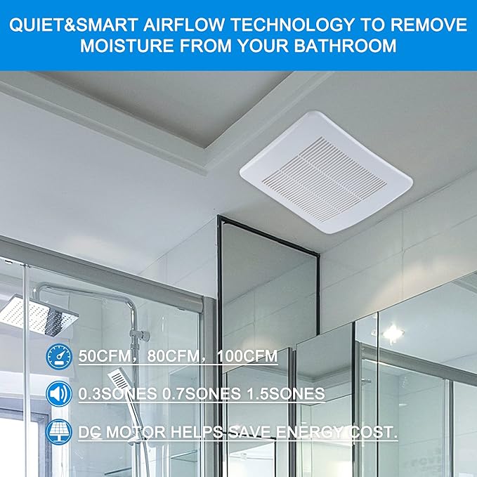 Tech Drive Bathroom fan 50-80-100 CFM DC Energy-Saving Motor,Very Quiet Ventilation and Exhaust Fan, Ceiling or Wall Mounted Fan, CFM Adjustable,White