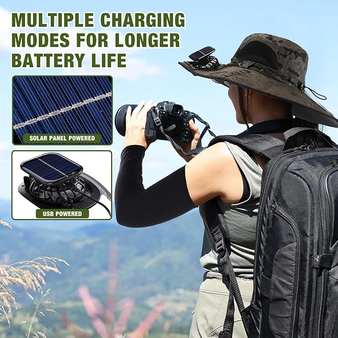 Syhood Solar Powered Fan Hat with Arm Sleeves Neck Gaiter for Men Women Outdoor Wide Brim Bucket Hat with Fan for Hiking