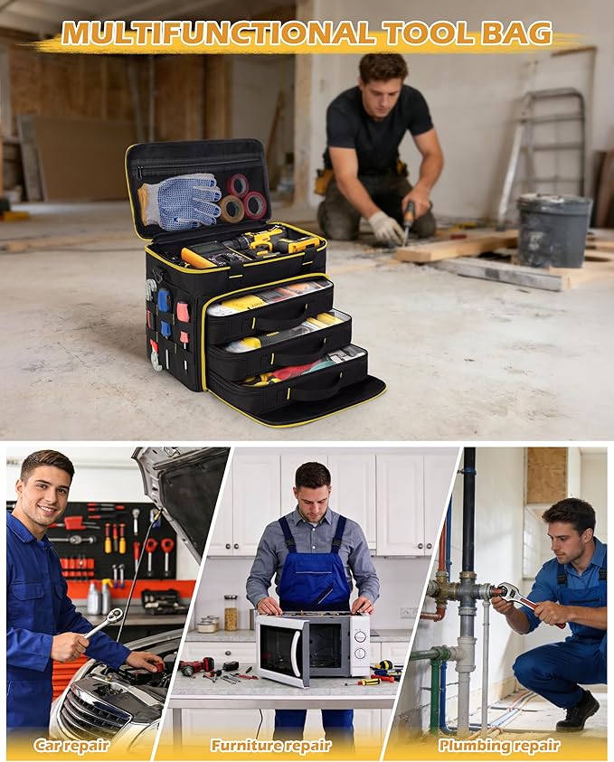 2 Layers Tool Bag with 3 Clear Window Removable Cases, Heavy Duty Tool Tote with Molle Webbing and Detachable Shoulder Strap, Black/Yellow