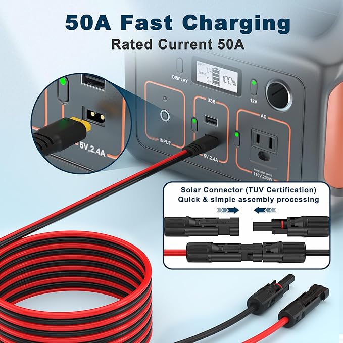 Solar to XT60 Charge Extension Cable Solar Connector to XT60 Adapter Cable for Solar Panel to LiFePO4 Battery RV Portable Power Station Solar Generator(10AWG 50FT)