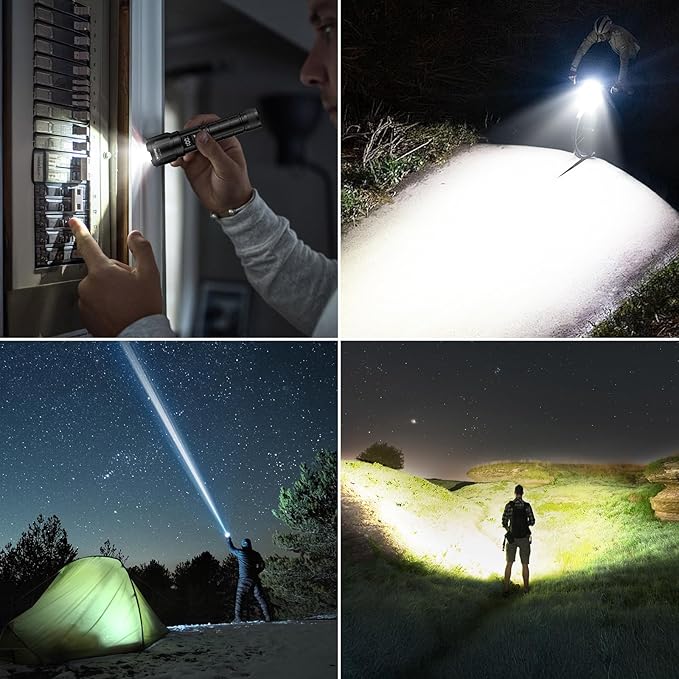 WdtPro LED Rechargeable Flashlight 2 Pack, Super Bright Zoomable 6000 Lumens Tactical Flashlight with LCD Digital Display, 3 Mode Waterproof Flash Light for Camping, Hunting & Home Emergency - Blue