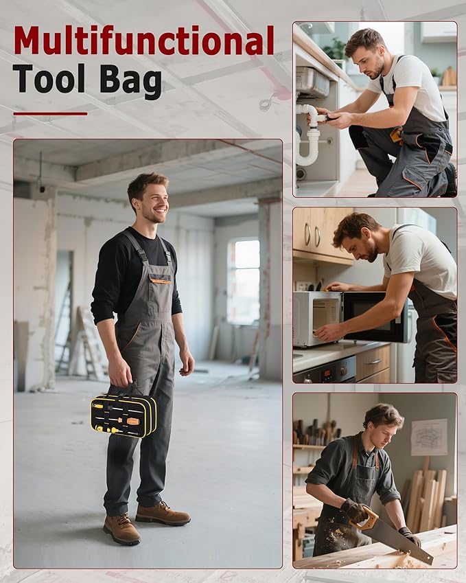 Roll Up Tool Bag with 3 Clear Window Cases (One Detachable), Tri-fold Tool Bag Organizer for Hand Tools, Black