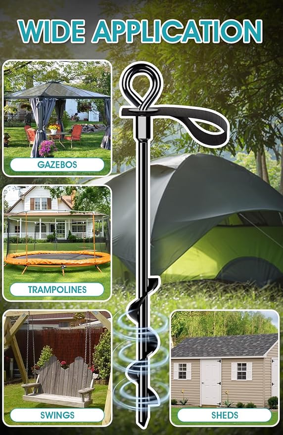 Ground Anchors Screw in 4Pcs, Trampoline Stakes Anchors with Straps Resistant High Wind, Earth Anchor for Swing Set, Tent, Trampolines, Carport, Canopies(4x15in)
