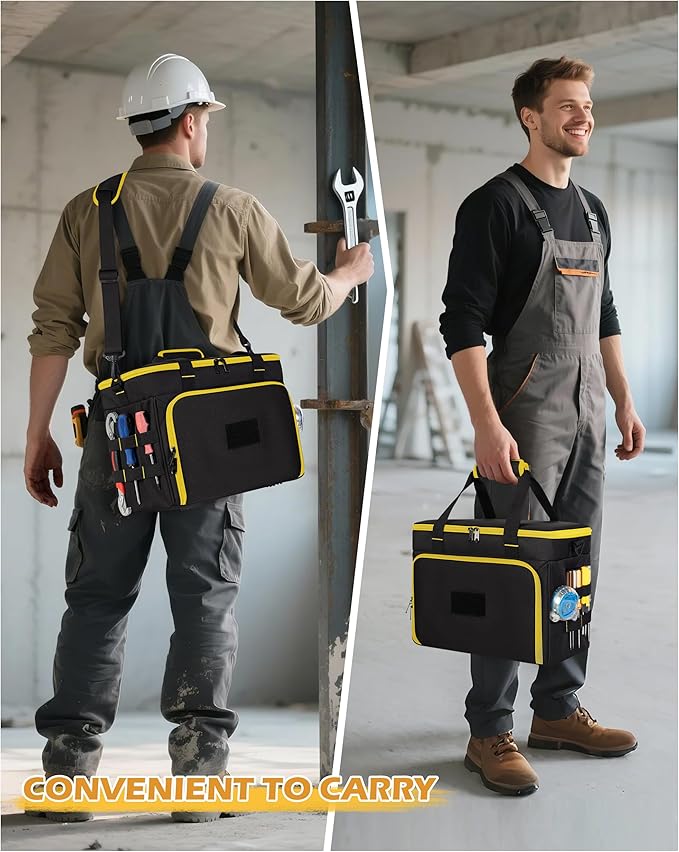 2 Layers Tool Bag with 3 Clear Window Removable Cases, Heavy Duty Tool Tote with Molle Webbing and Detachable Shoulder Strap, Black/Yellow