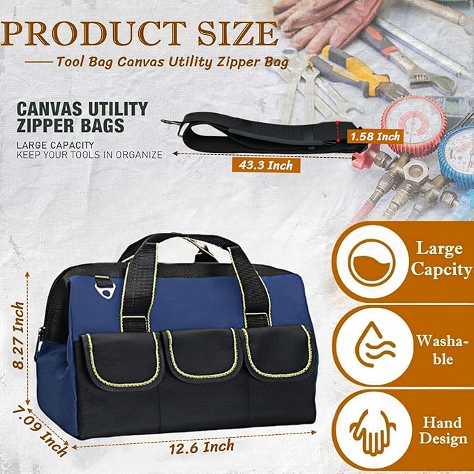 13 Inch Heavy Duty Tool Bag for Men, Waterproof Hard Bottom, Wide Mouth with Zipper Tool Bag, Multi Pocket Organizer for Electricians, Carpenters, Mechanics (Blue)