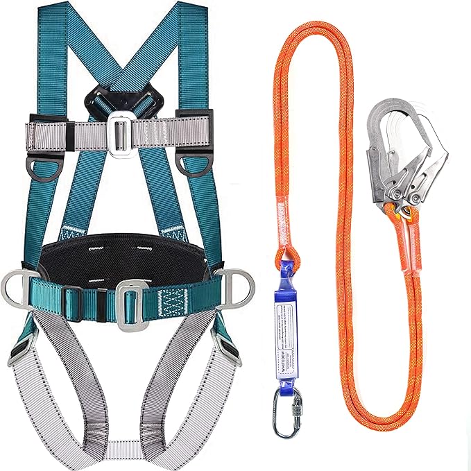 Safety Harness Fall Protection Kit with Shock Absorbing Lanyard, Roofing Work Harnesses Full Body Safety Harness for Construction (Dark Green)