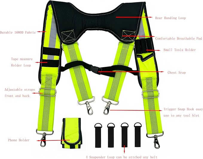 Tool Belt Suspender for Men 4 Point Padded with Attachment Loops, WristBand Pouch Pocket for Construction Worker