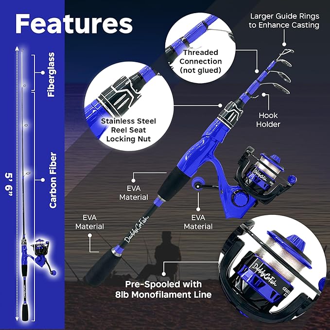 DaddyGoFish Spinning Fishing Rod and Reel Combo Set with Tackle Box | Kids Fishing Pole | Carbon Fiber Telescopic Fishing Rod Kit | Spinning Reel for Travel Saltwater Freshwater Fishing Gear Kit