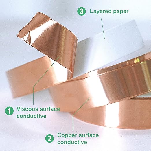 BOMEI PACK Copper Foil Tape 1 Pack 1.97mil x 1inch x 66ft with Conductive Adhesive for Guitar and Crafts, Soldering, Stained Glass, Electrical Repairs, Grounding