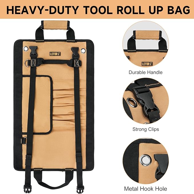 Tool Bag,Large Roll Up Tool Bag Organizer,13 Pockets Tool Roll Storage Pouch,Heavy Duty Portable Tool Storage Carrier Bag for Men,Mechanic,Electrician,Valentines Day Gifts for Men,Brown